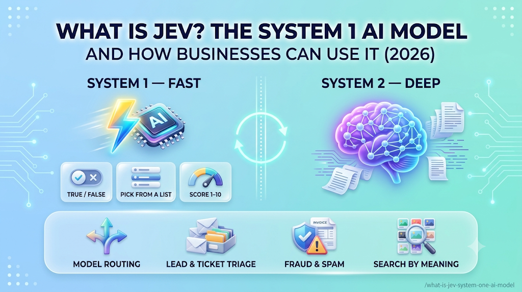 Jev System 1 AI model vs System 2 LLMs infographic showing true/false, list and score answers and business use cases
